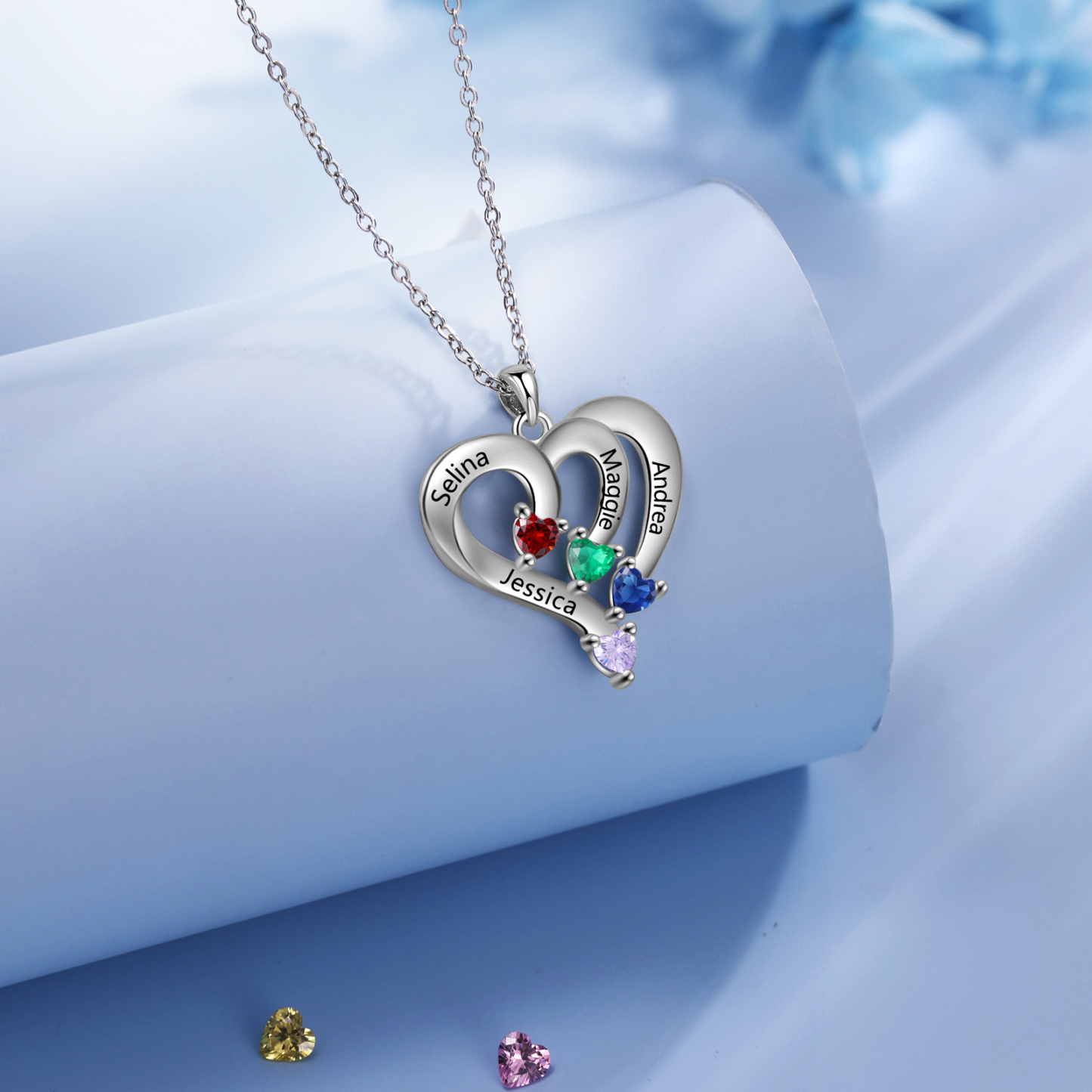 Collier Coeur en Argent S925 Personnalisé avec 4 Prénoms et Pierres de Naissance Collier Argent pour Femme|Jessemade