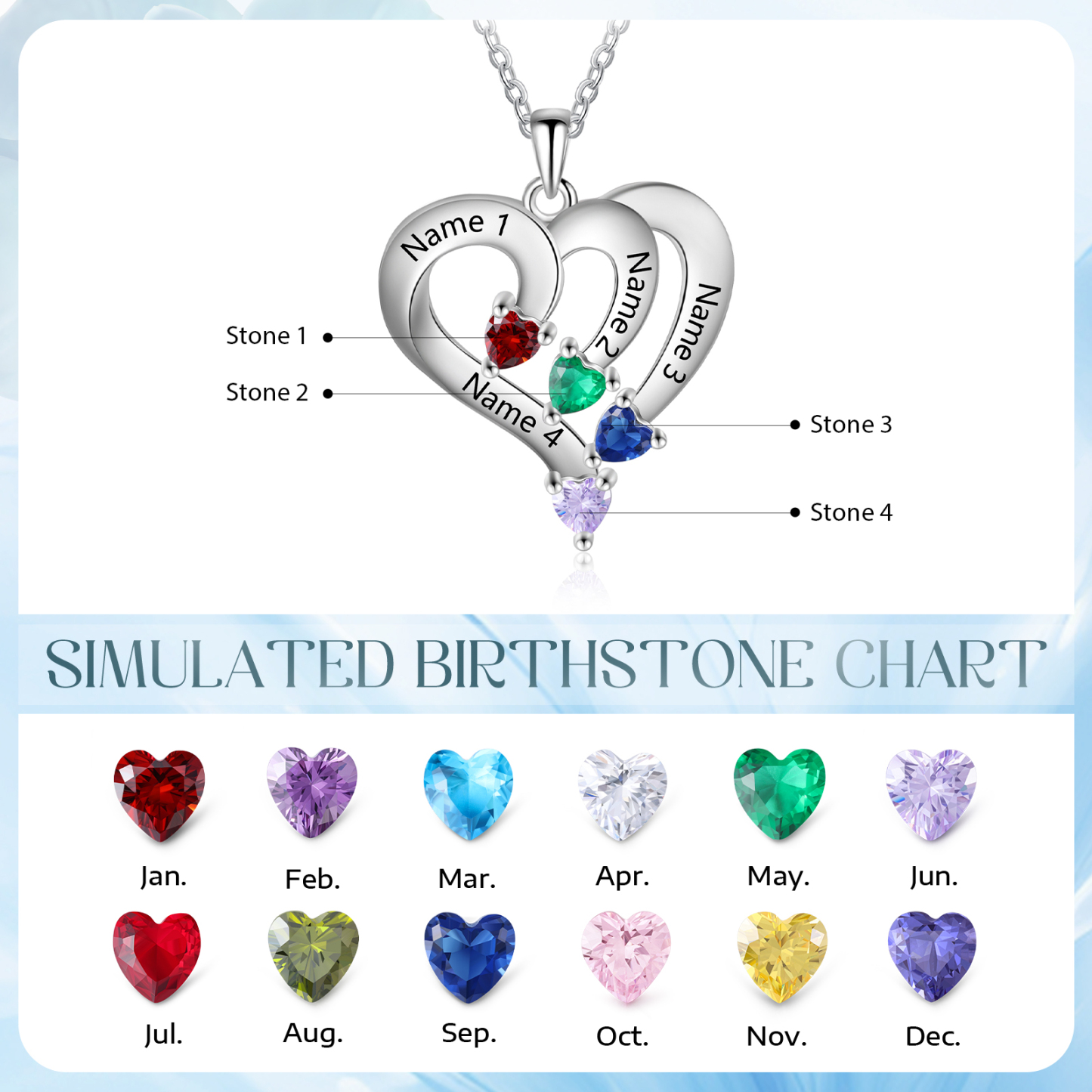 Collier Coeur en Argent S925 Personnalisé avec 4 Prénoms et Pierres de Naissance Collier Argent pour Femme|Jessemade