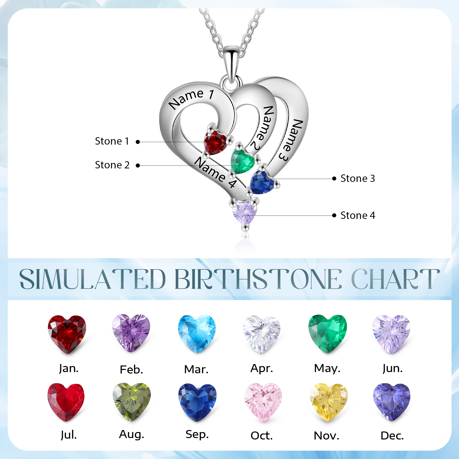 Collier Coeur en Argent S925 Personnalisé avec 4 Prénoms et Pierres de Naissance Collier Argent pour Femme|Jessemade