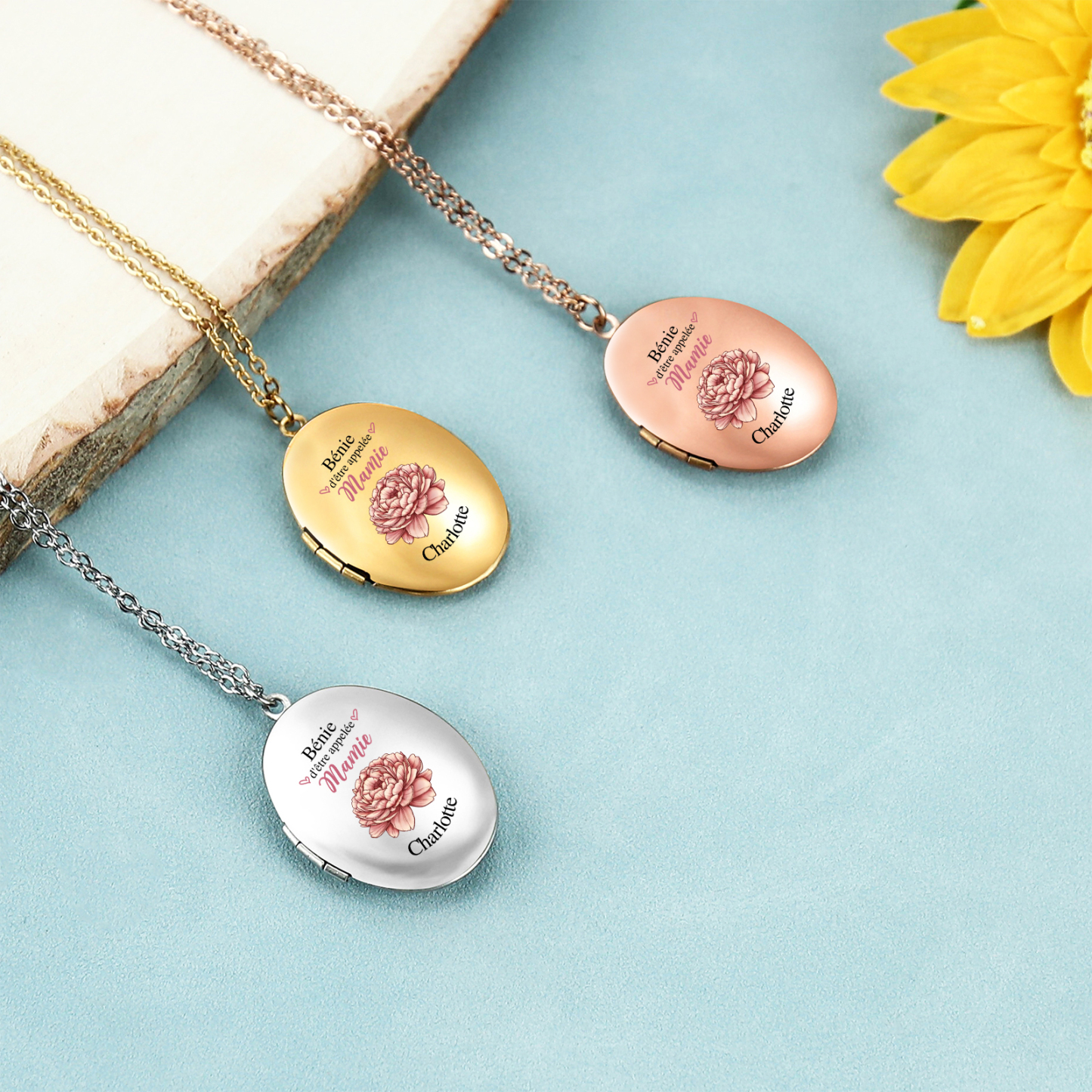 À Mamie - Collier Médaillon Cœur Photo Personnalisée avec Prénom et Fleur de Naissance Collier Femme pour Mamie | Jessemade