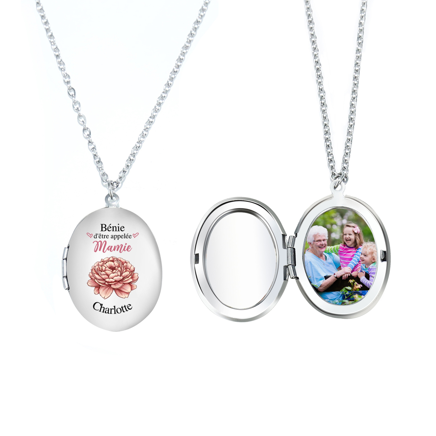 Collier Médaillon Personnalisé pour Mamie – Gravure Nom & Fleur du Mois | Jessemade