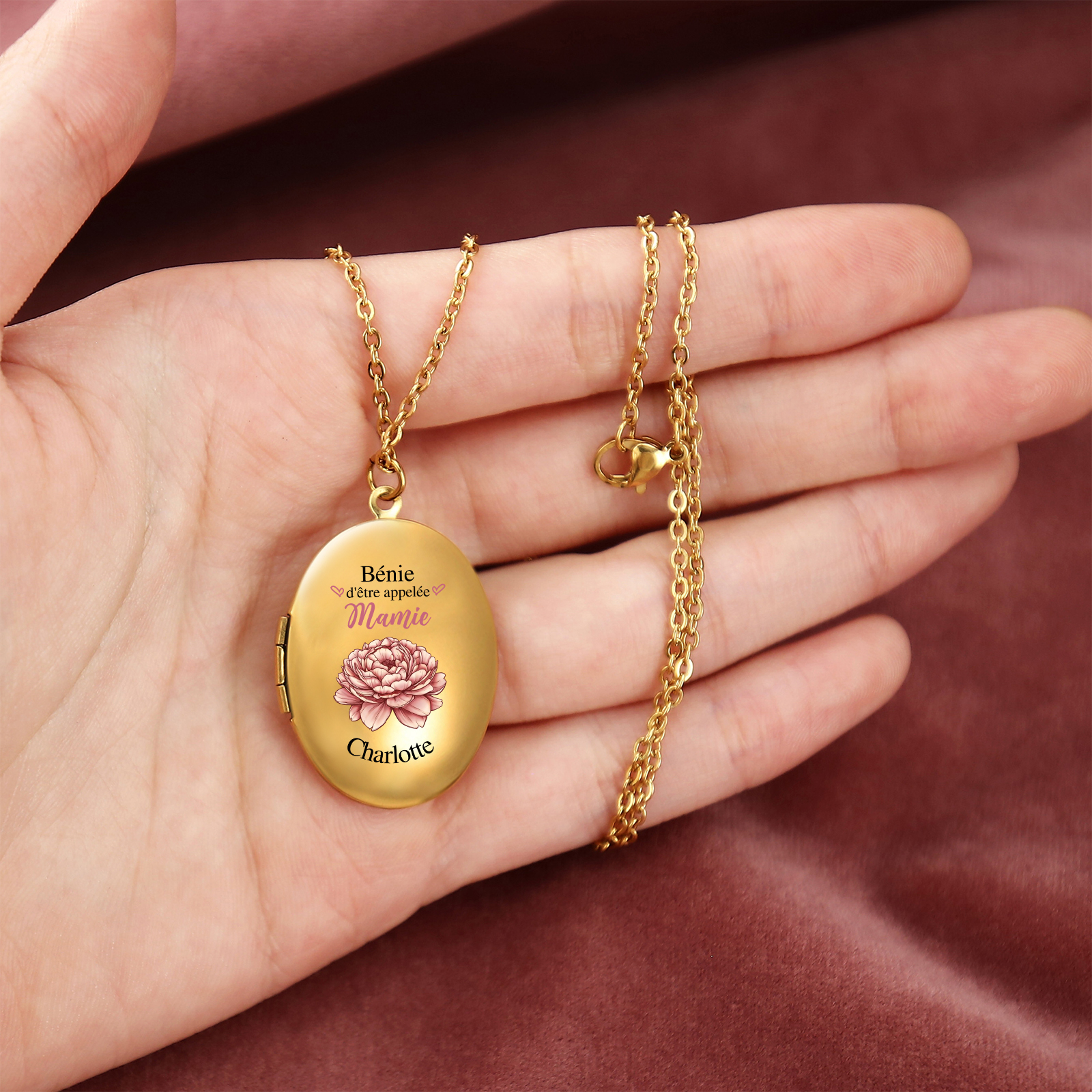 À Mamie - Collier Médaillon Cœur Photo Personnalisée avec Prénom et Fleur de Naissance Collier Femme pour Mamie | Jessemade