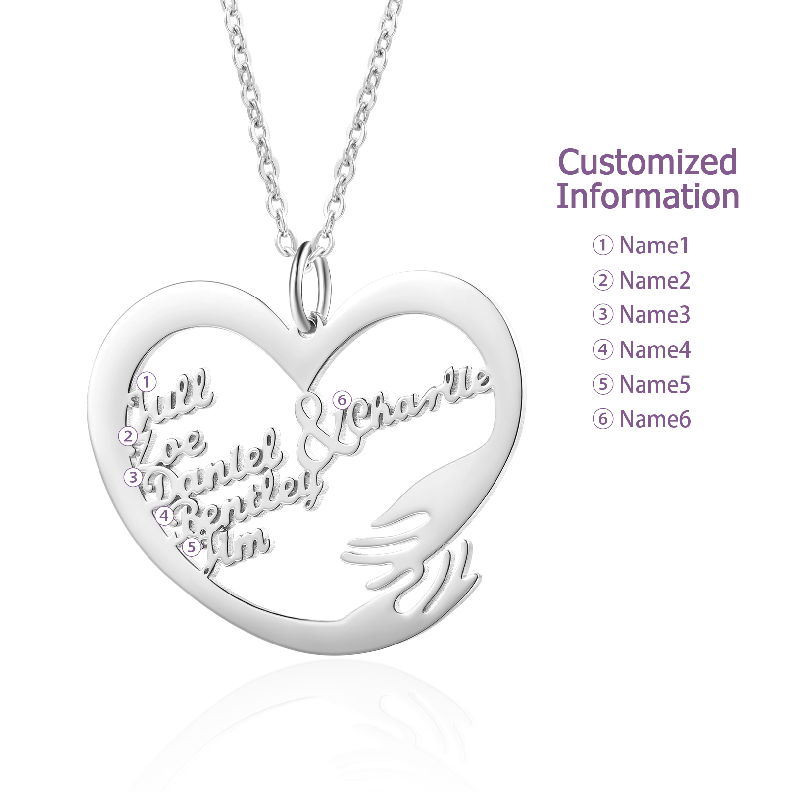 Collier Coeur Personnalisé avec 6 Prénoms Collier Personnalisable pour Femme  | Jessemade