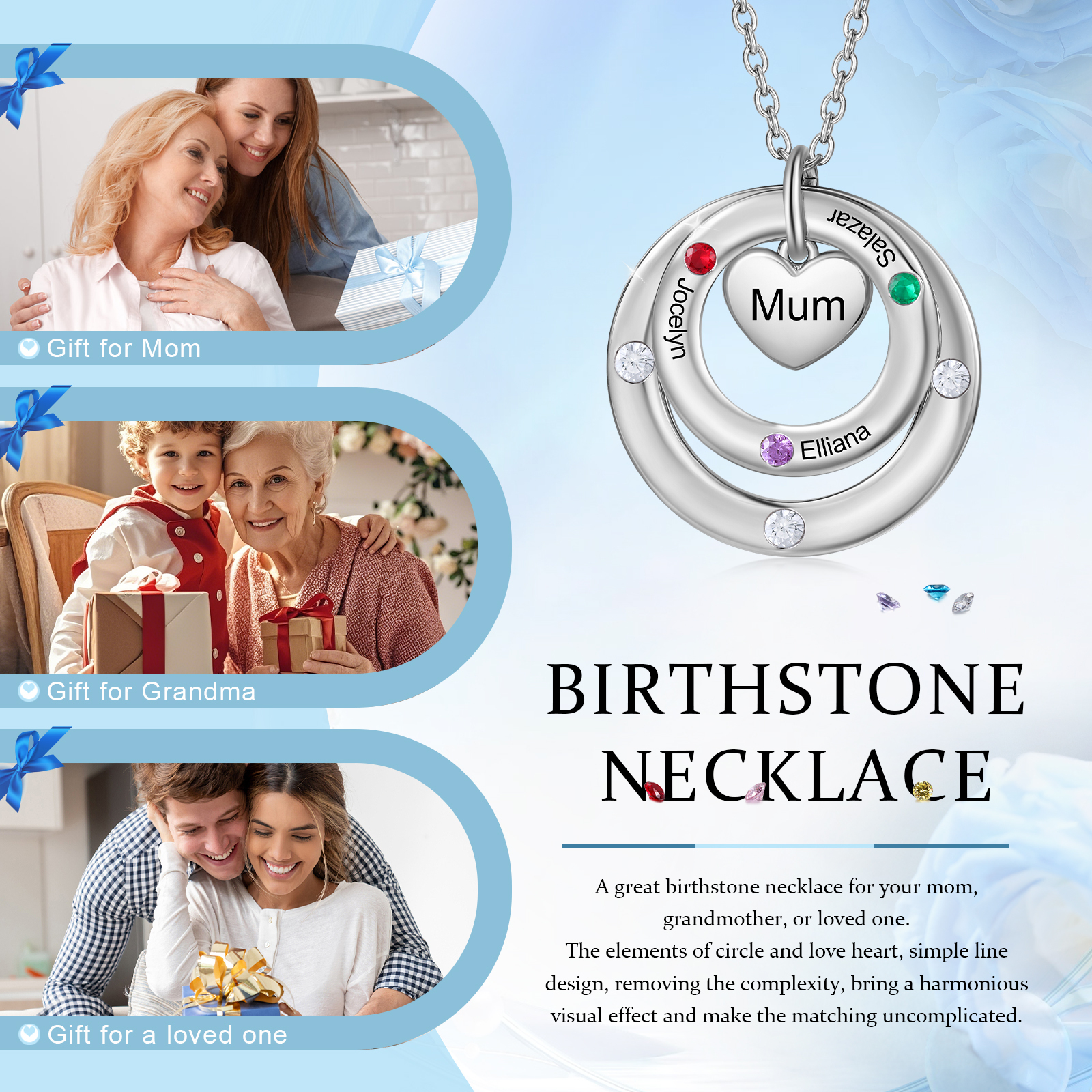 À Maman - Collier Personnalisé avec 3 Prénoms et 3 Pierres de Naissance Collier Personnalisable pour Femme|Jessemade