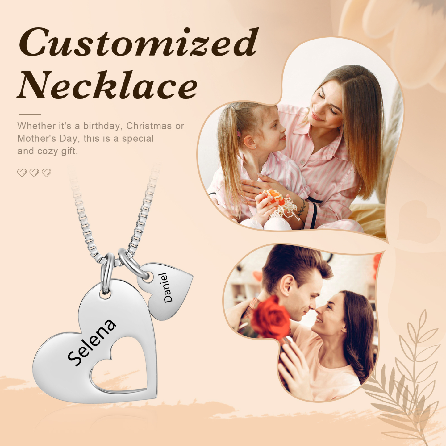 Collier en acier inoxydable Personnalisé avec 2 Prénoms avec pendentif double cœur Collier Personnalisable pour Femme | Jessemade