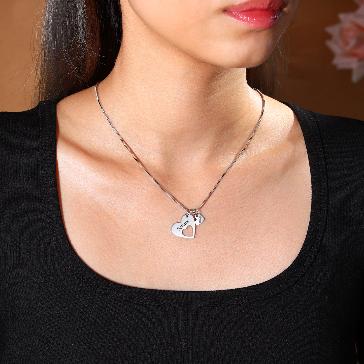 Collier en acier inoxydable Personnalisé avec 2 Prénoms avec pendentif double cœur Collier Personnalisable pour Femme | Jessemade