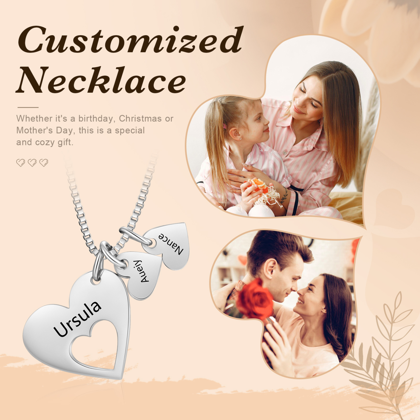 Collier en acier inoxydable Personnalisé avec 3 Prénoms avec pendentif double cœur Collier Personnalisable pour Femme | Jessemade