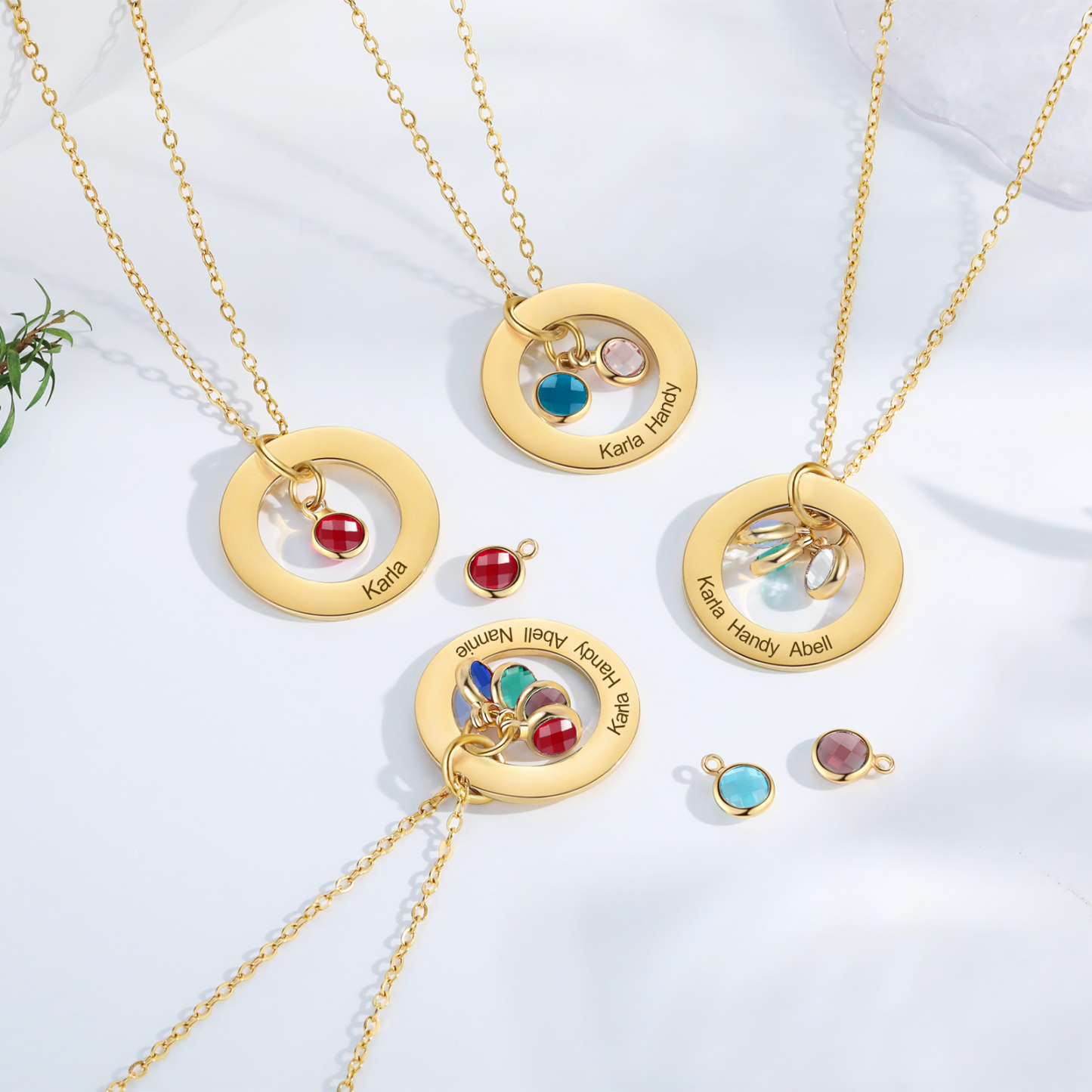 Collier Personnalisé avec 3 Pierres de Naissance et 3 Prénoms Collier Personnalisable Doré pour Femme|Jessemade