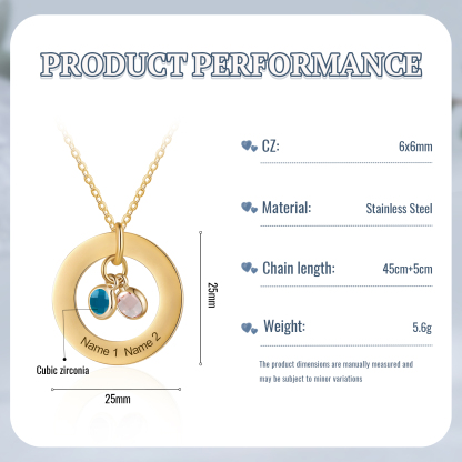 Collier Personnalisé avec 2 Pierres de Naissance et 2 Prénoms Collier Personnalisable Doré pour Femme｜Jessemade