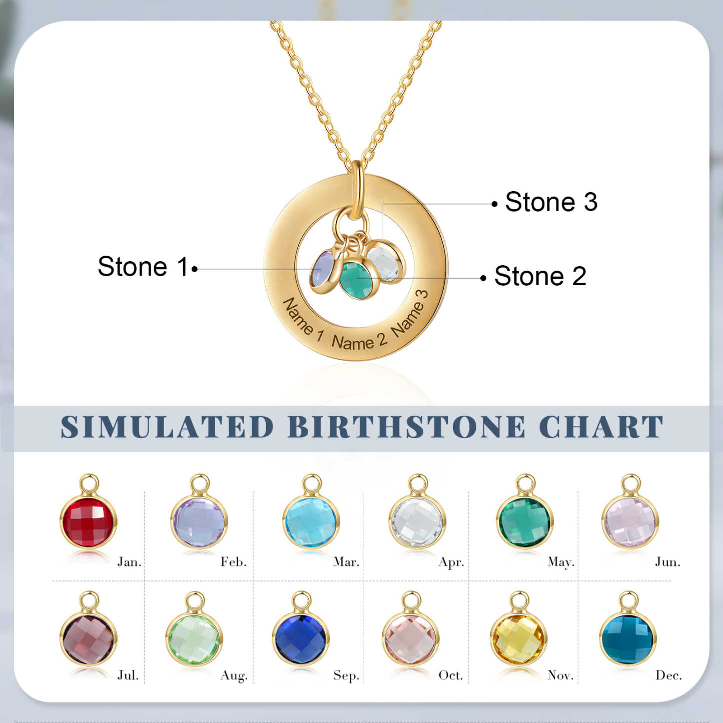 Collier Personnalisé avec 3 Pierres de Naissance et 3 Prénoms Collier Personnalisable Doré pour Femme|Jessemade
