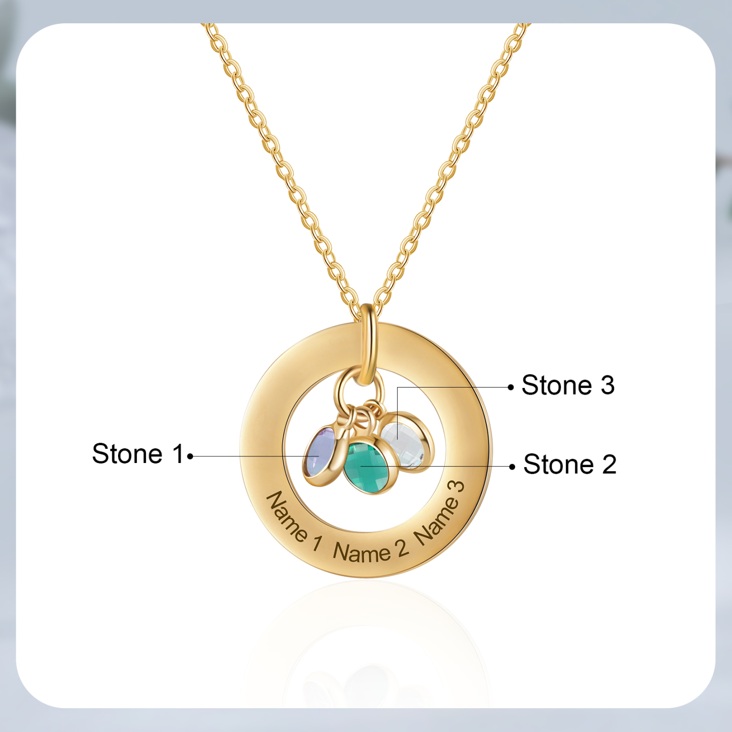 Collier Personnalisé avec 3 Pierres de Naissance et 3 Prénoms Collier Personnalisable Doré pour Femme|Jessemade