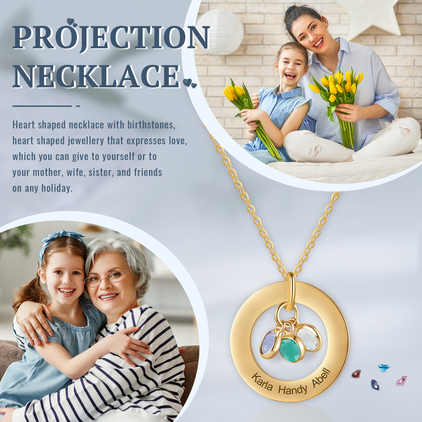 Collier Personnalisé avec 3 Pierres de Naissance et 3 Prénoms Collier Personnalisable Doré pour Femme|Jessemade