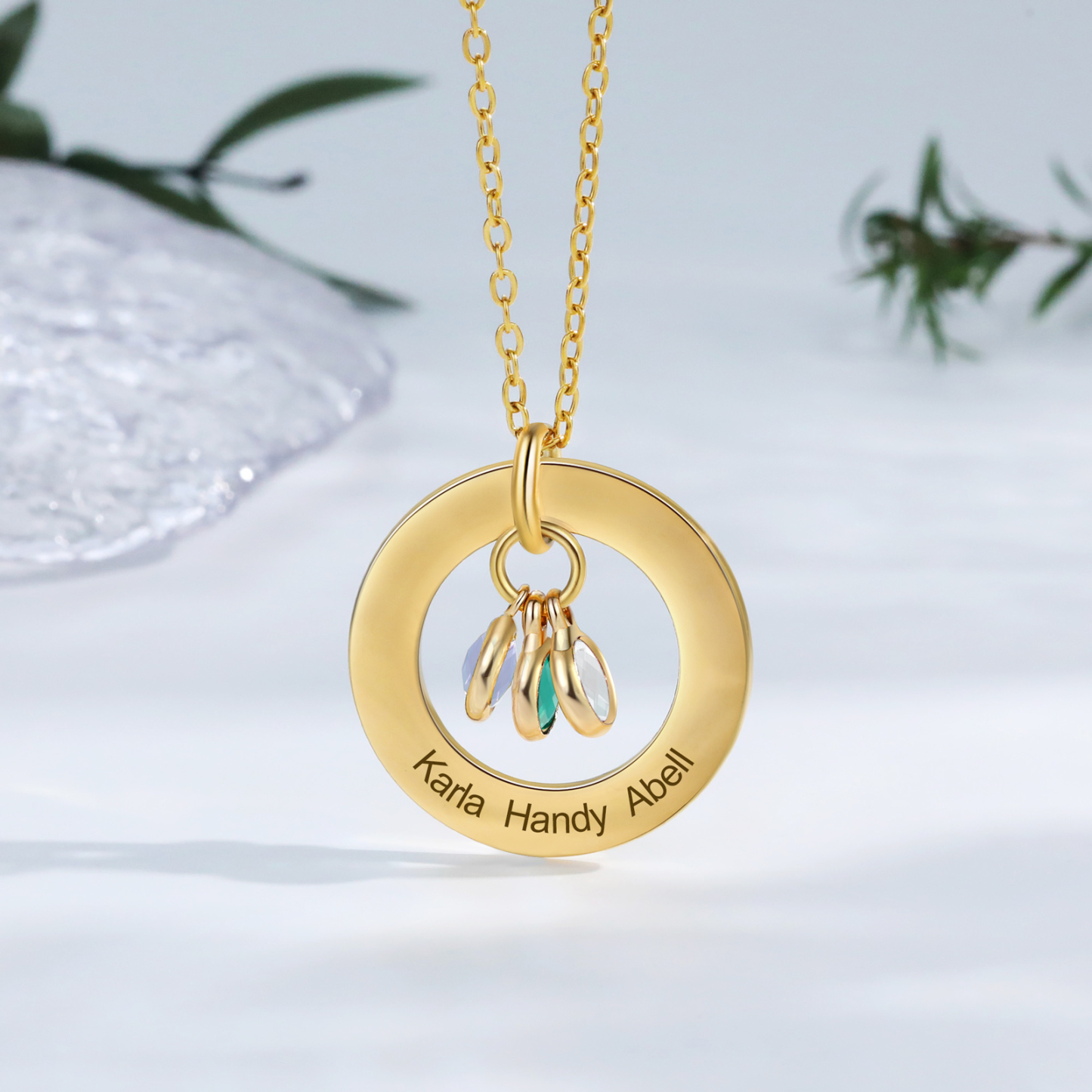 Collier Personnalisé avec 3 Pierres de Naissance et 3 Prénoms Collier Personnalisable Doré pour Femme|Jessemade