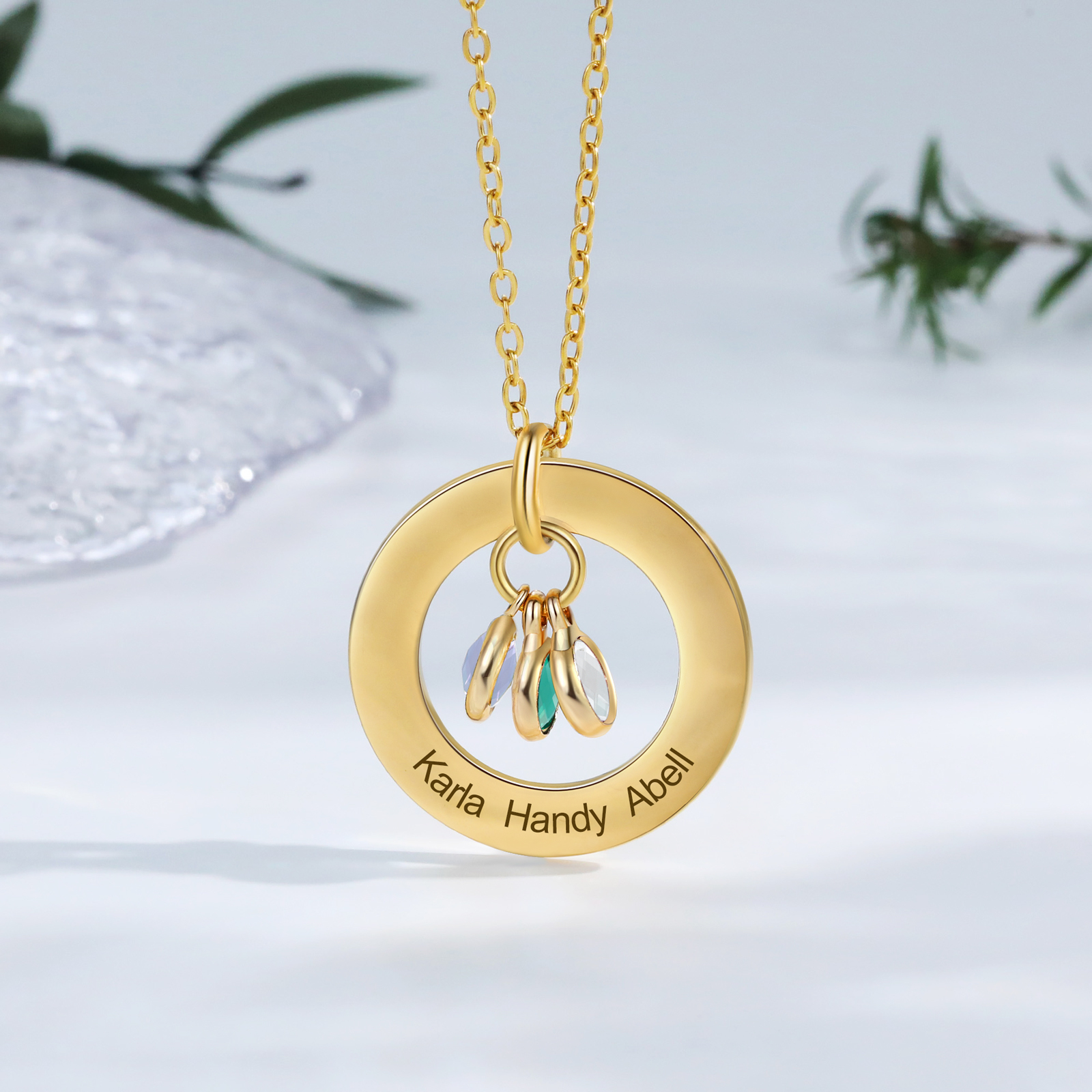 Collier Personnalisé avec 3 Pierres de Naissance et 3 Prénoms Collier Personnalisable Doré pour Femme|Jessemade