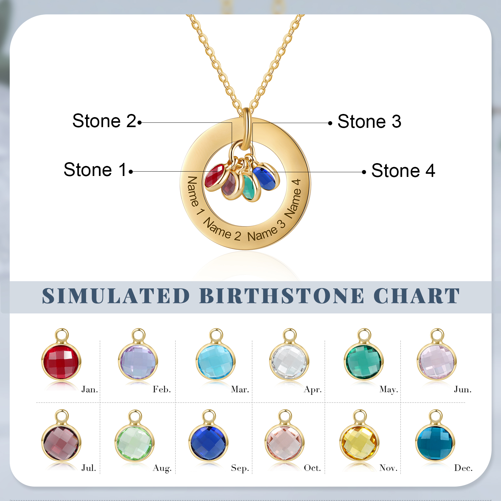 Collier Personnalisé avec 4 Pierres de Naissance et 4 Prénoms Collier Personnalisable Doré pour Femme｜Jessemade