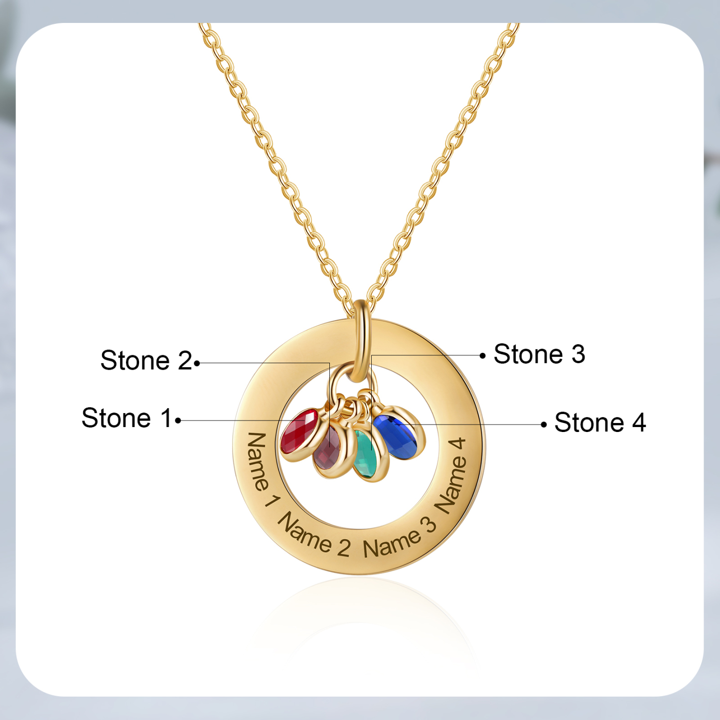 Collier Personnalisé avec 4 Pierres de Naissance et 4 Prénoms Collier Personnalisable Doré pour Femme|Jessemade