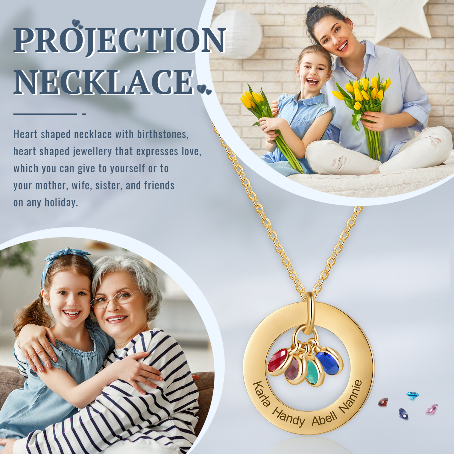 Collier Personnalisé avec 4 Pierres de Naissance et 4 Prénoms Collier Personnalisable Doré pour Femme|Jessemade