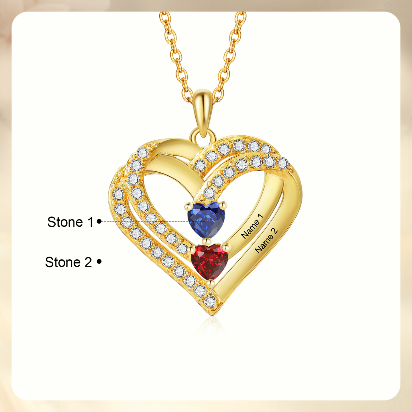 Collier Coeur Personnalisés 2 Prénoms et 2 Pierres de Naissance Cuivre/Argent 925 Collier Personnalisable pour Femme|Jessemade