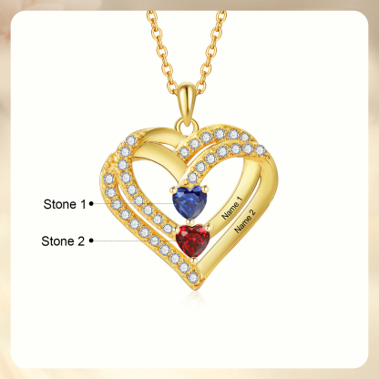 Collier Coeur Personnalisés 2 Prénoms et 2 Pierres de Naissance Cuivre/Argent 925 Collier Personnalisable pour Femme｜Jessemade