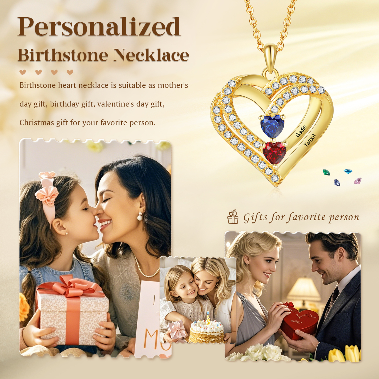 Collier Coeur Personnalisés 2 Prénoms et 2 Pierres de Naissance Cuivre/Argent 925 Collier Personnalisable pour Femme|Jessemade