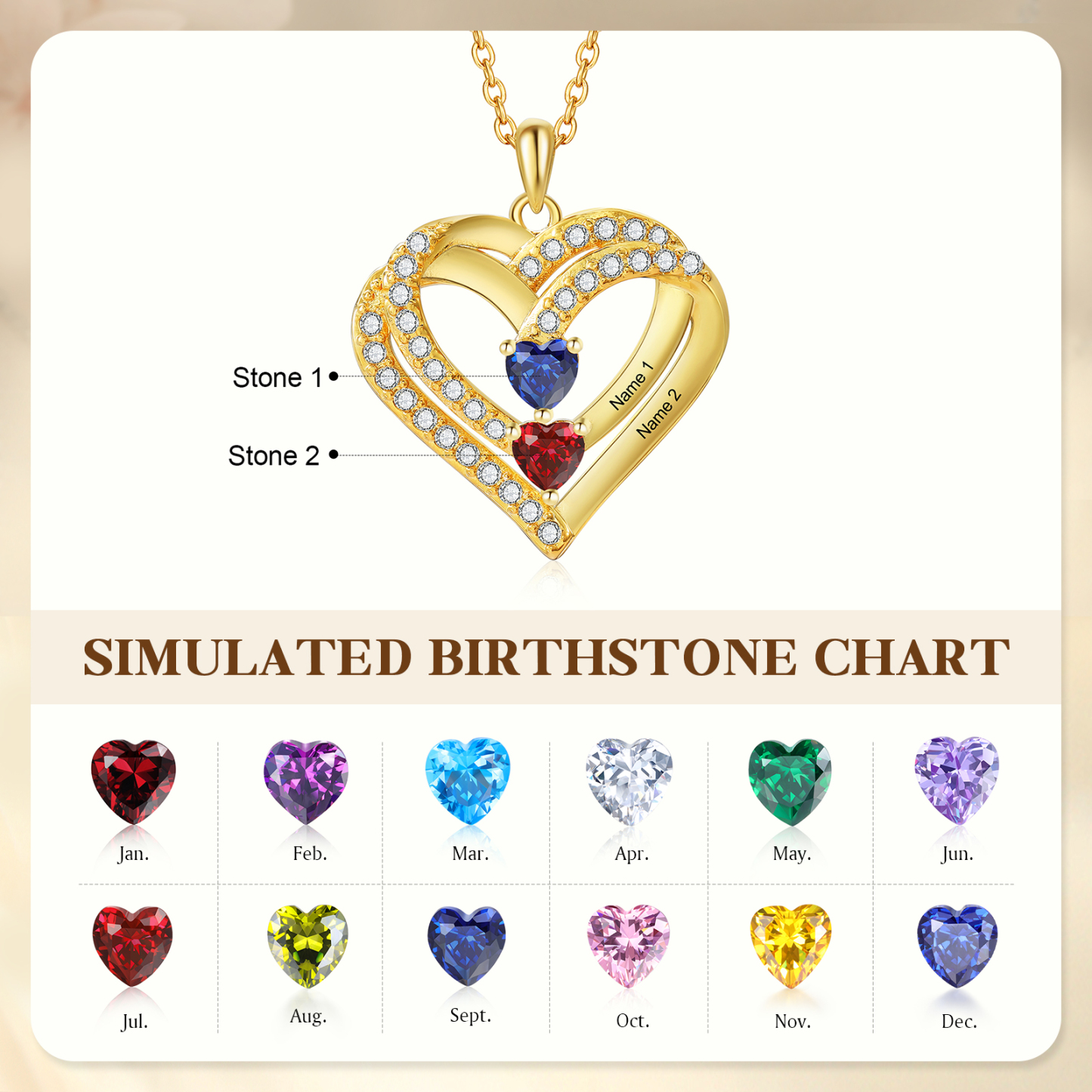 Collier Coeur Personnalisés 2 Prénoms et 2 Pierres de Naissance Cuivre/Argent 925 Collier Personnalisable pour Femme|Jessemade