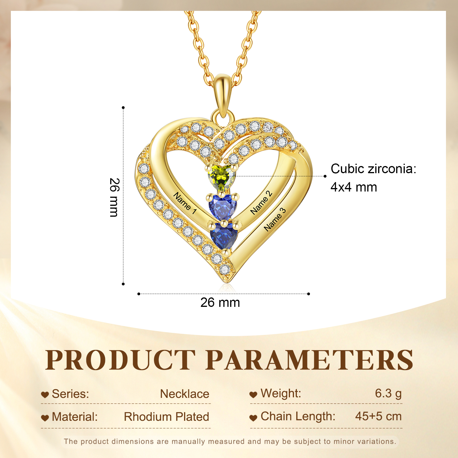 Collier Coeur Personnalisés 3 Prénoms et 3 Pierres de Naissance Cuivre/Argent 925 Collier Personnalisable pour Femme｜Jessemade