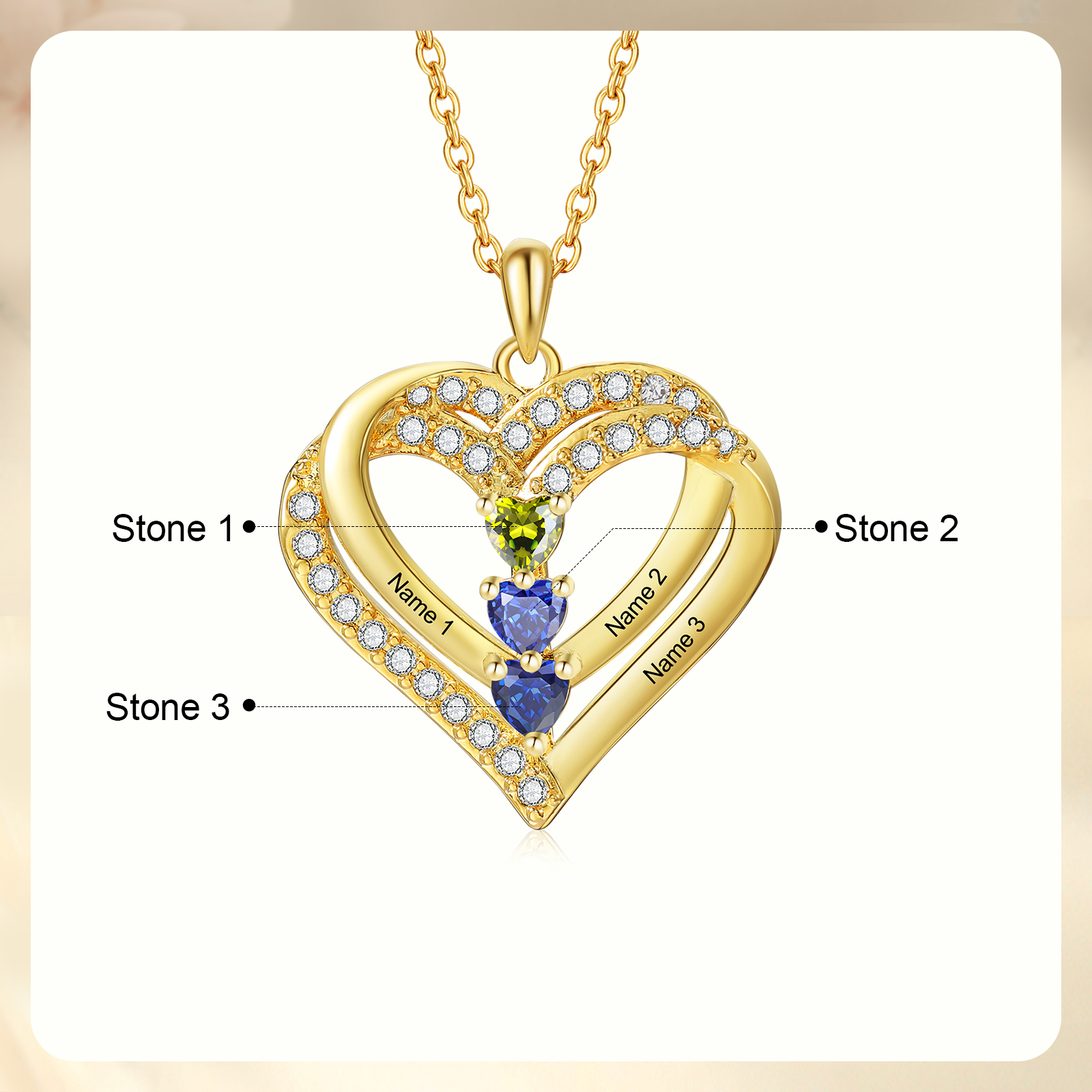 Collier Coeur Personnalisés 3 Prénoms et 3 Pierres de Naissance Cuivre/Argent 925 Collier Personnalisable pour Femme｜Jessemade