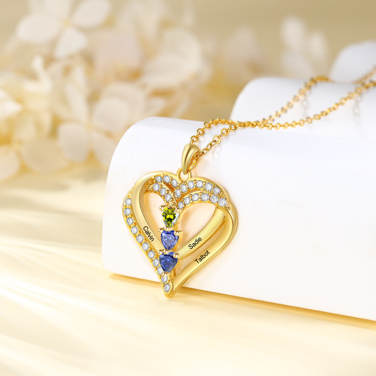 Collier Coeur Personnalisés 3 Prénoms et 3 Pierres de Naissance Cuivre/Argent 925 Collier Personnalisable pour Femme｜Jessemade