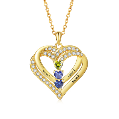 Collier Coeur Personnalisés 3 Prénoms et 3 Pierres de Naissance Cuivre/Argent 925 Collier Personnalisable pour Femme｜Jessemade