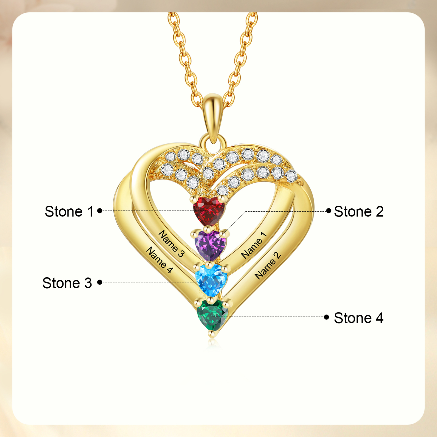 Collier Coeur Personnalisés 4 Prénoms et 4 Pierres de Naissance Cuivre/Argent 925 Collier Personnalisable pour Femme｜Jessemade
