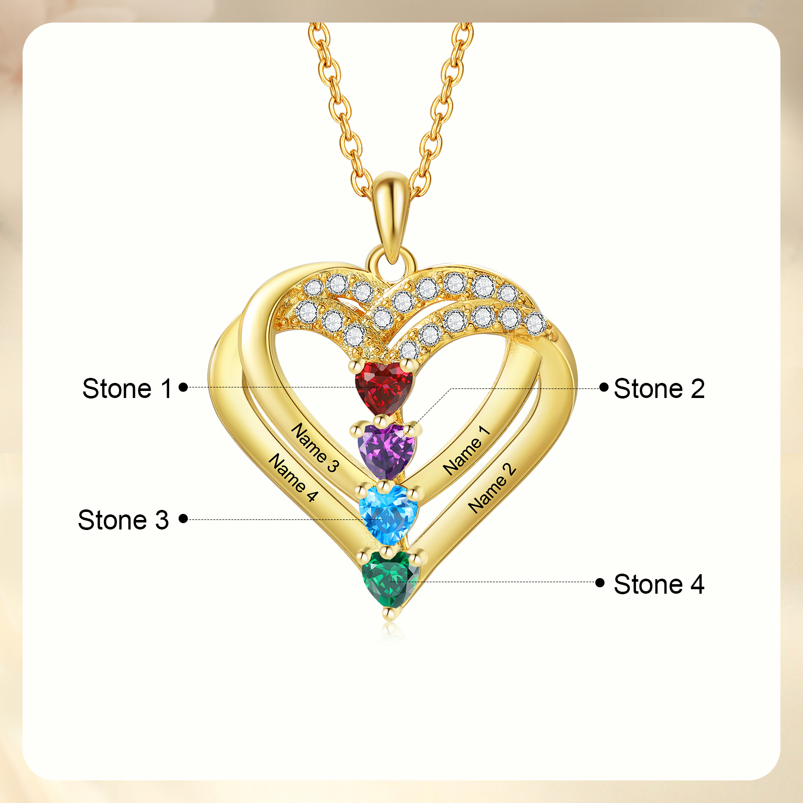 Collier Coeur Personnalisés 4 Prénoms et 4 Pierres de Naissance Cuivre/Argent 925 Collier Personnalisable pour Femme｜Jessemade