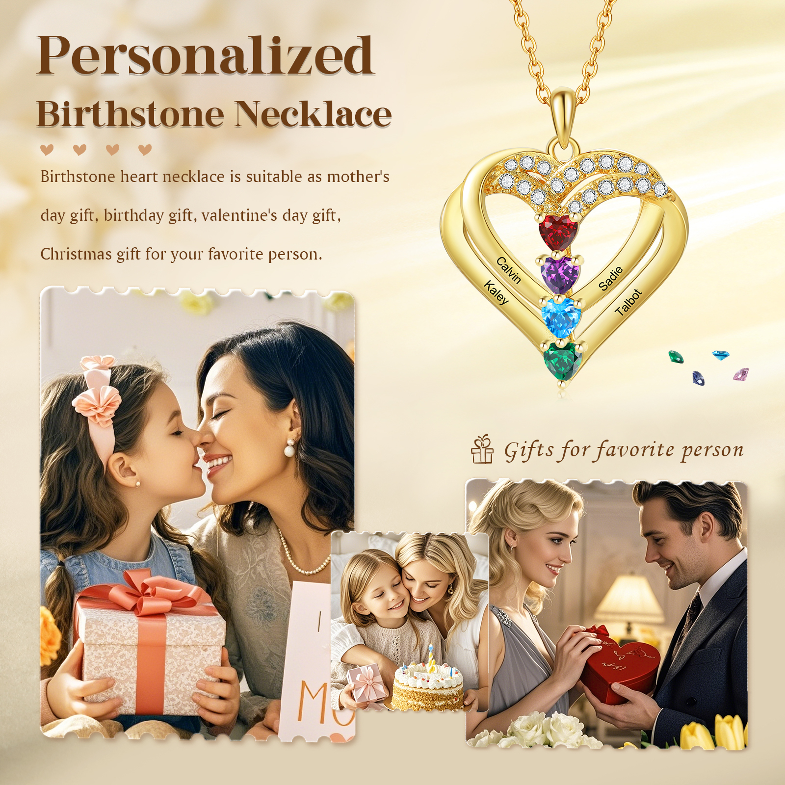 Collier Coeur Personnalisés 4 Prénoms et 4 Pierres de Naissance Cuivre/Argent 925 Collier Personnalisable pour Femme｜Jessemade