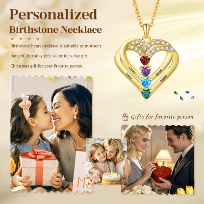Collier Coeur Personnalisés 4 Prénoms et 4 Pierres de Naissance Cuivre/Argent 925 Collier Personnalisable pour Femme｜Jessemade