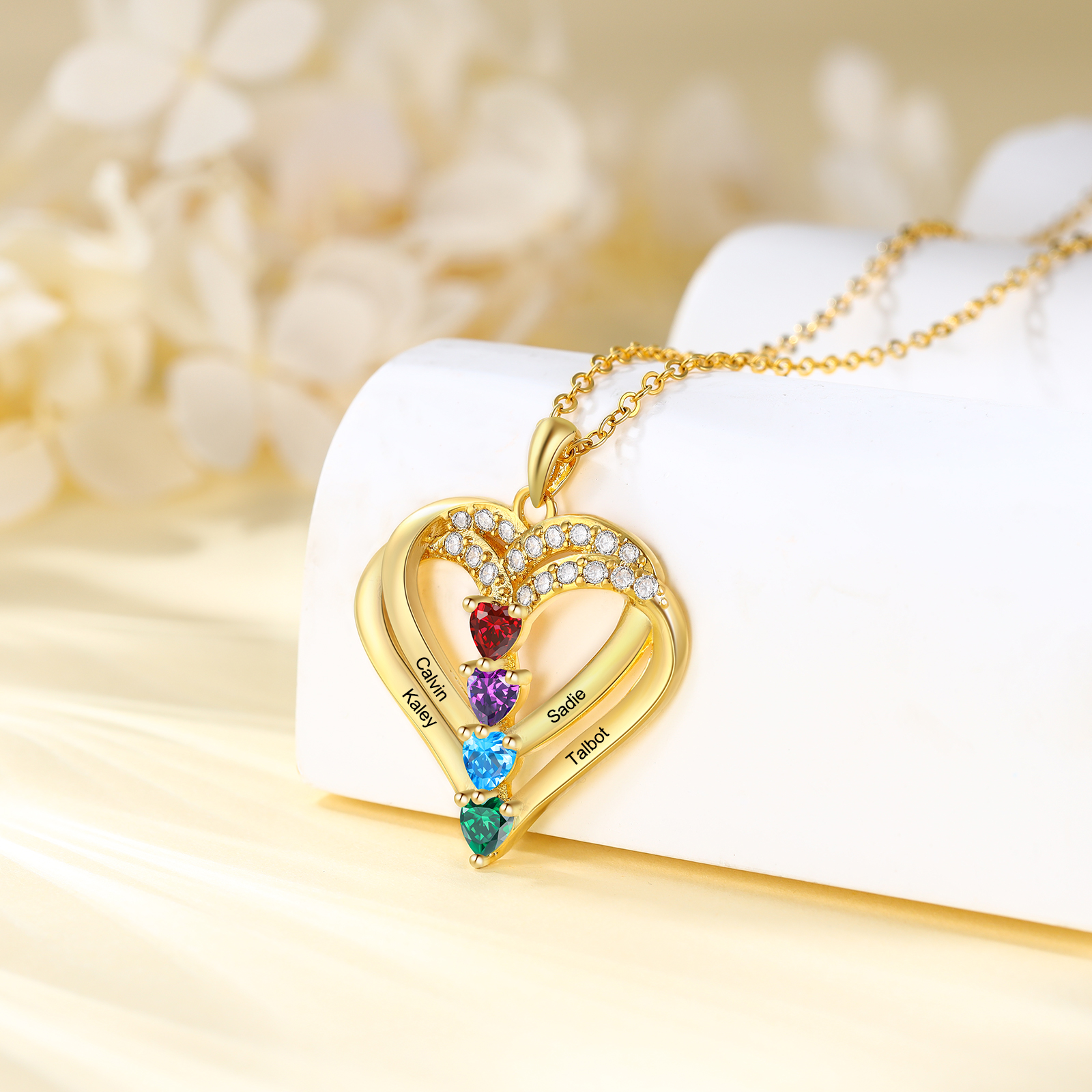 Collier Coeur Personnalisés 4 Prénoms et 4 Pierres de Naissance Cuivre/Argent 925 Collier Personnalisable pour Femme｜Jessemade