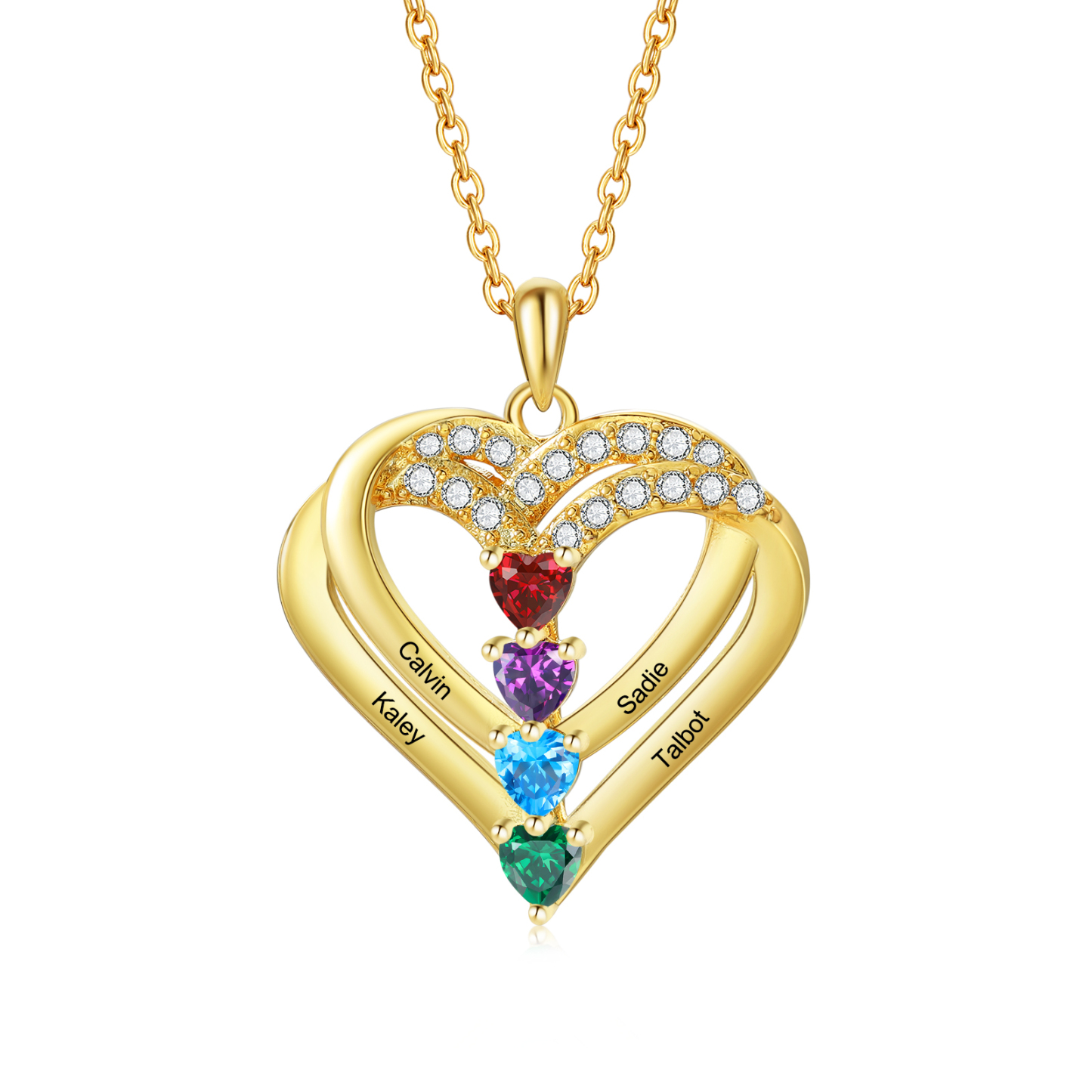 Collier personnalisé 4 prénoms et pierres de naissance – Cœur en argent ou rhodium | JesseMade