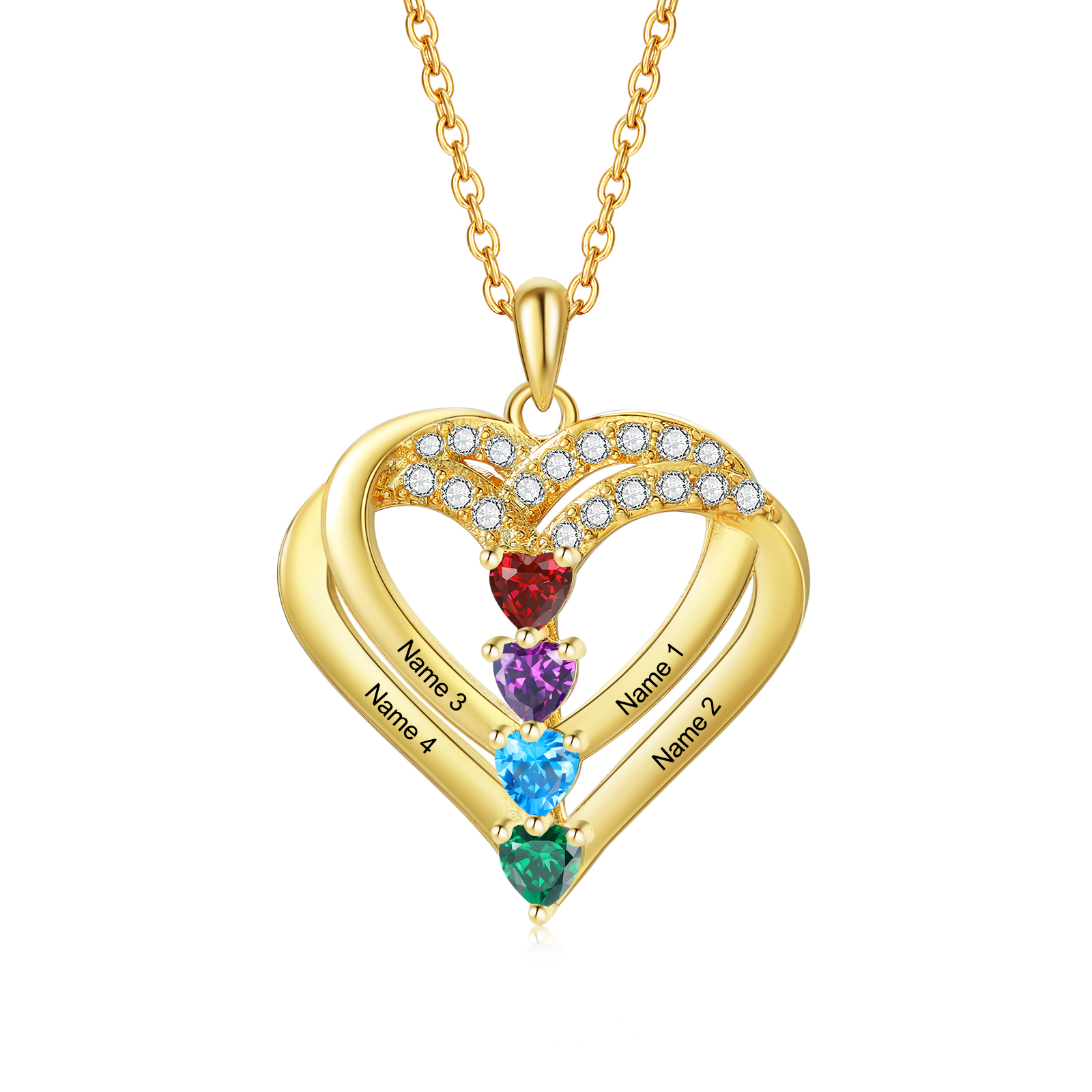 Collier Coeur Personnalisés 4 Prénoms et 4 Pierres de Naissance Cuivre/Argent 925 Collier Personnalisable pour Femme｜Jessemade
