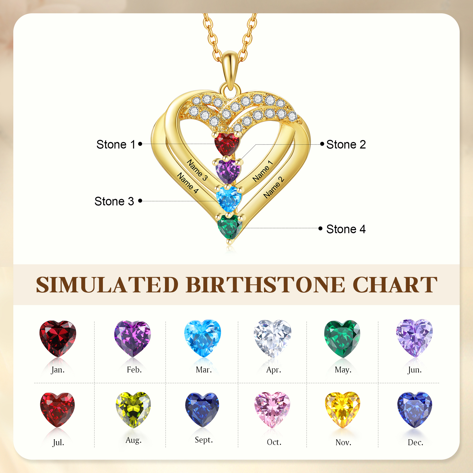 Collier Coeur Personnalisés 4 Prénoms et 4 Pierres de Naissance Cuivre/Argent 925 Collier Personnalisable pour Femme｜Jessemade
