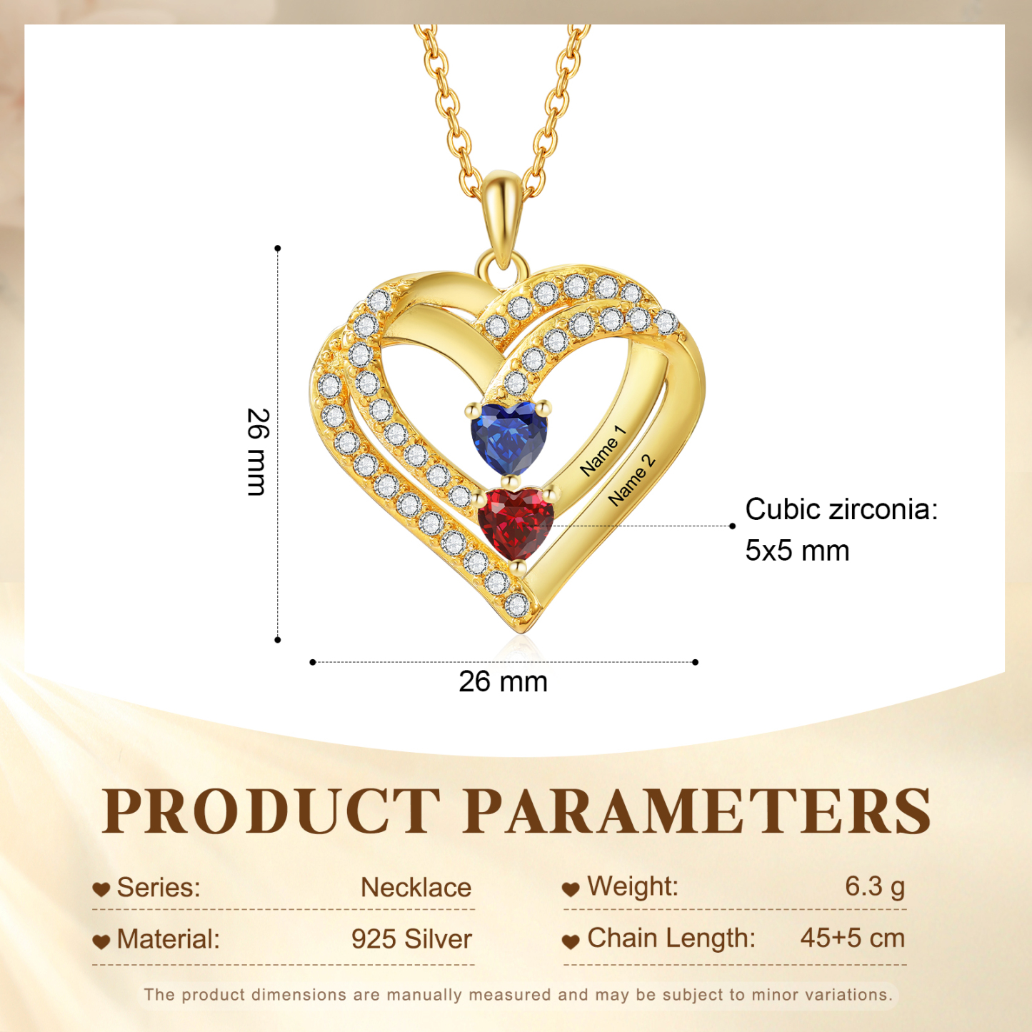 Collier Coeur Personnalisés 2 Prénoms et 2 Pierres de Naissance Cuivre/Argent 925 Collier Personnalisable pour Femme|Jessemade