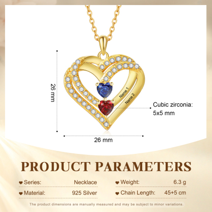 Collier Coeur Personnalisés 2 Prénoms et 2 Pierres de Naissance Cuivre/Argent 925 Collier Personnalisable pour Femme｜Jessemade