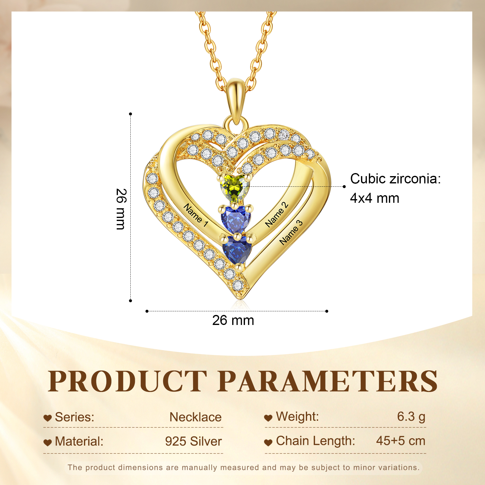 Collier Coeur Personnalisés 3 Prénoms et 3 Pierres de Naissance Cuivre/Argent 925 Collier Personnalisable pour Femme｜Jessemade