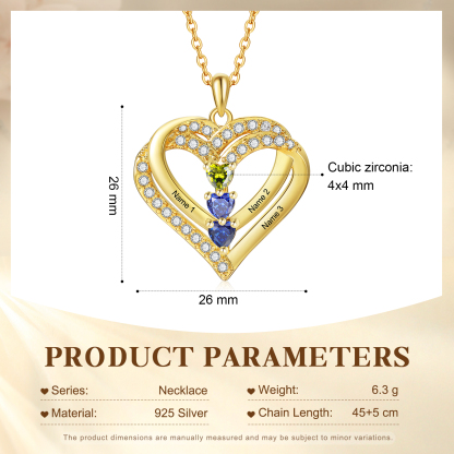 Collier Coeur Personnalisés 3 Prénoms et 3 Pierres de Naissance Cuivre/Argent 925 Collier Personnalisable pour Femme｜Jessemade