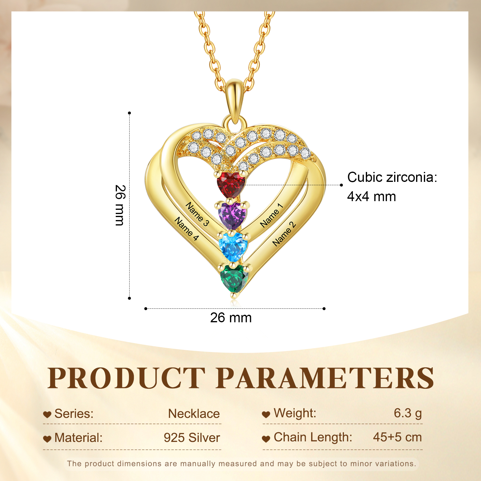 Collier Coeur Personnalisés 4 Prénoms et 4 Pierres de Naissance Cuivre/Argent 925 Collier Personnalisable pour Femme｜Jessemade