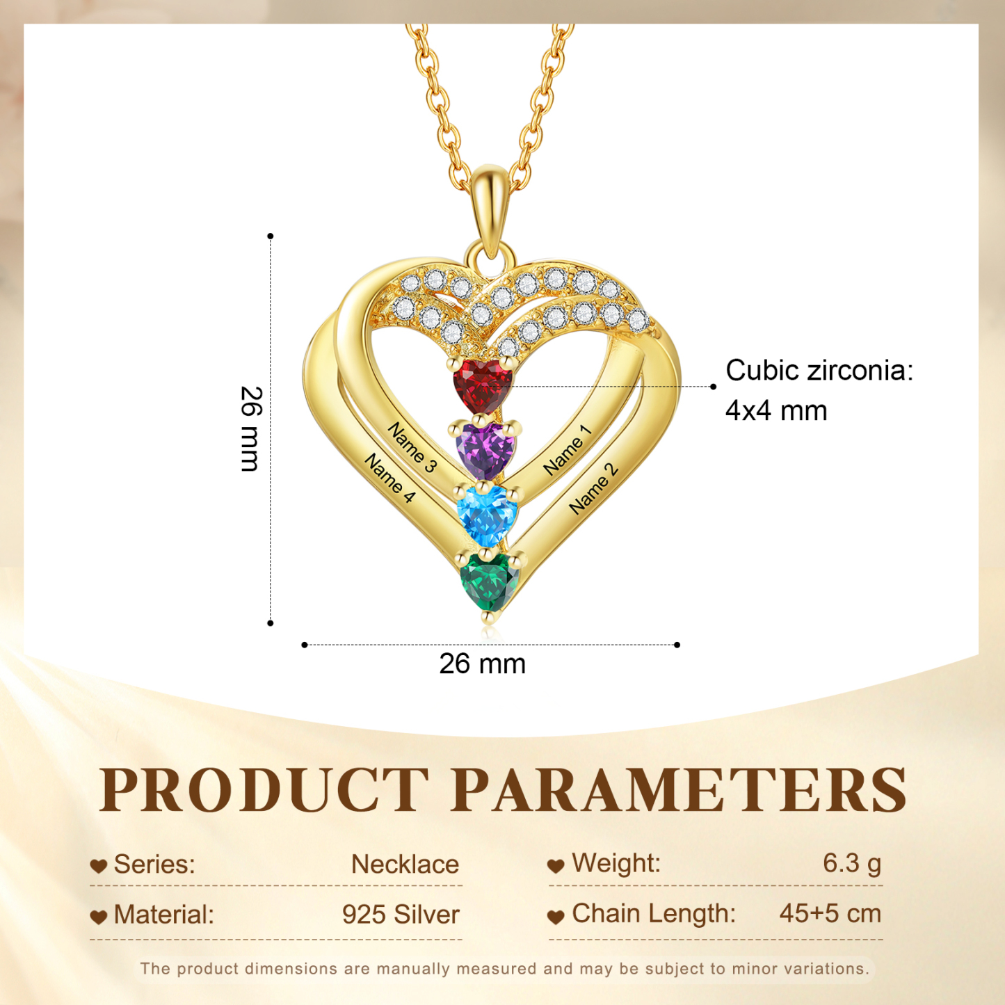 Collier Coeur Personnalisés 4 Prénoms et 4 Pierres de Naissance Cuivre/Argent 925 Collier Personnalisable pour Femme｜Jessemade