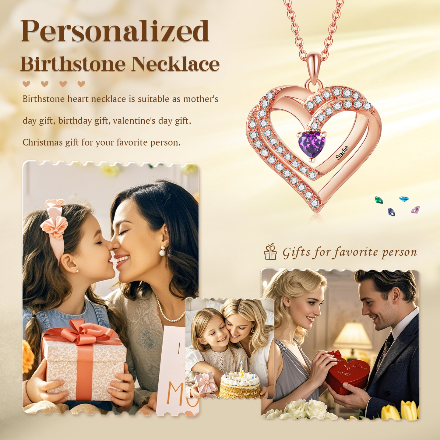 Collier Coeur Personnalisés 1 Prénom et 1 Pierre de Naissance Cuivre/Argent 925 Collier Personnalisable pour Femme|Jessemade