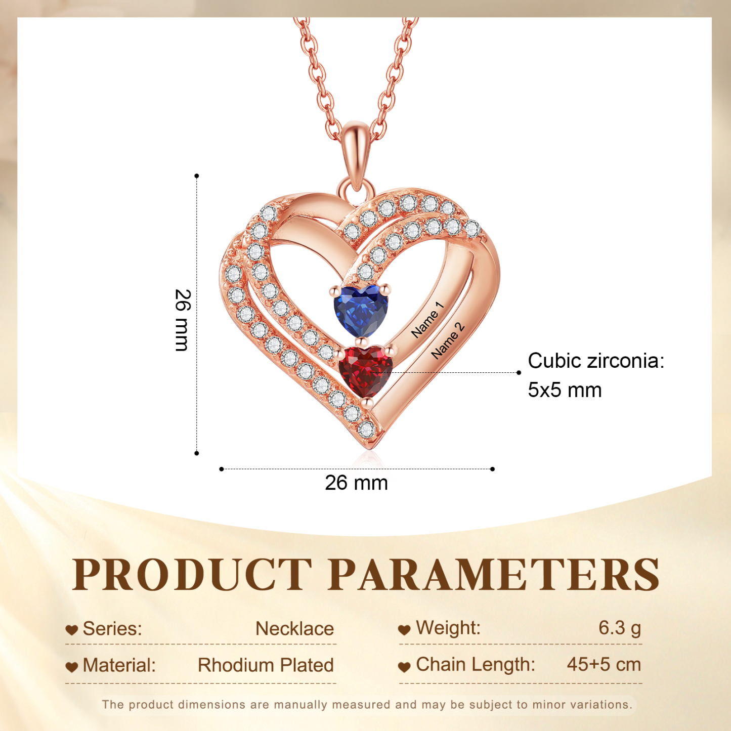 Collier Coeur Personnalisés 2 Prénoms et 2 Pierres de Naissance Cuivre/Argent 925 Collier Personnalisable pour Femme|Jessemade