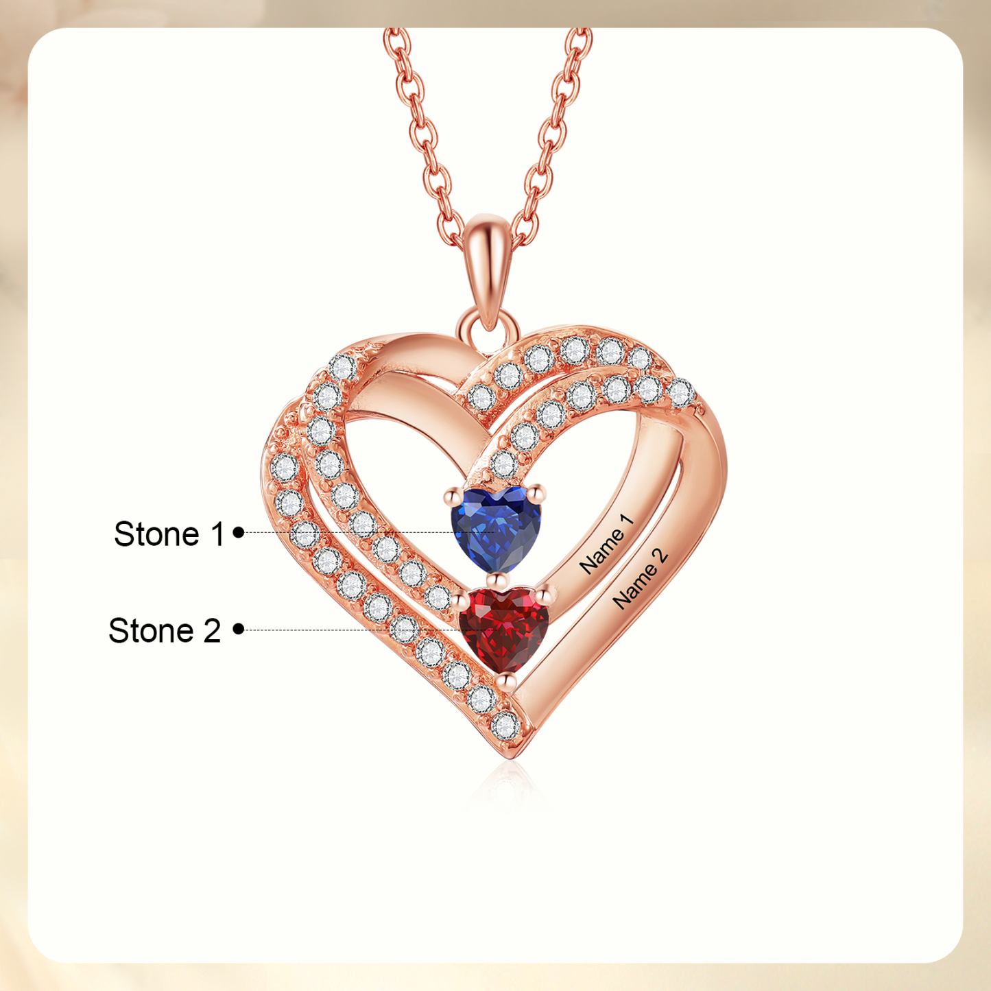 Collier Coeur Personnalisés 2 Prénoms et 2 Pierres de Naissance Cuivre/Argent 925 Collier Personnalisable pour Femme|Jessemade