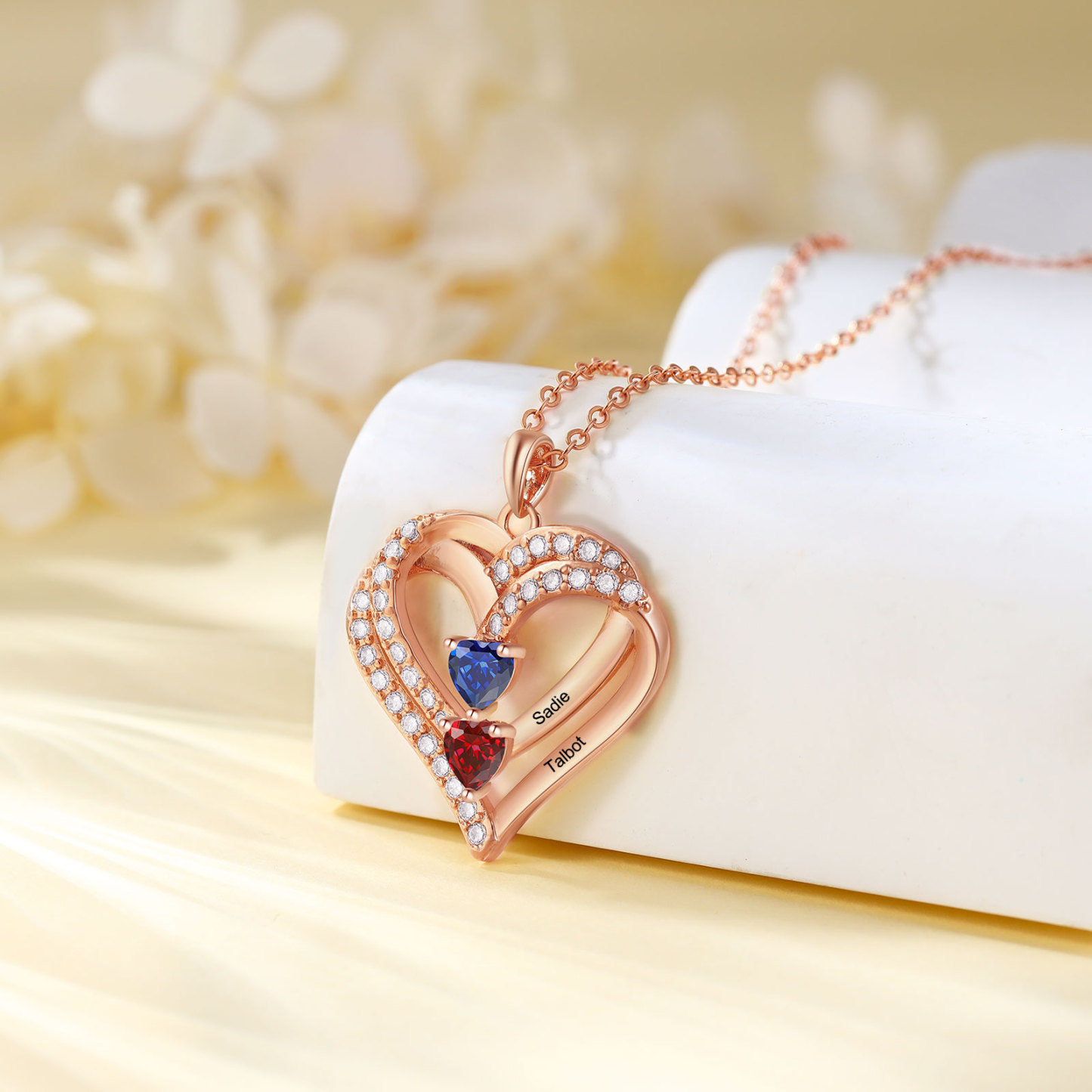 Collier Coeur Personnalisés 2 Prénoms et 2 Pierres de Naissance Cuivre/Argent 925 Collier Personnalisable pour Femme|Jessemade