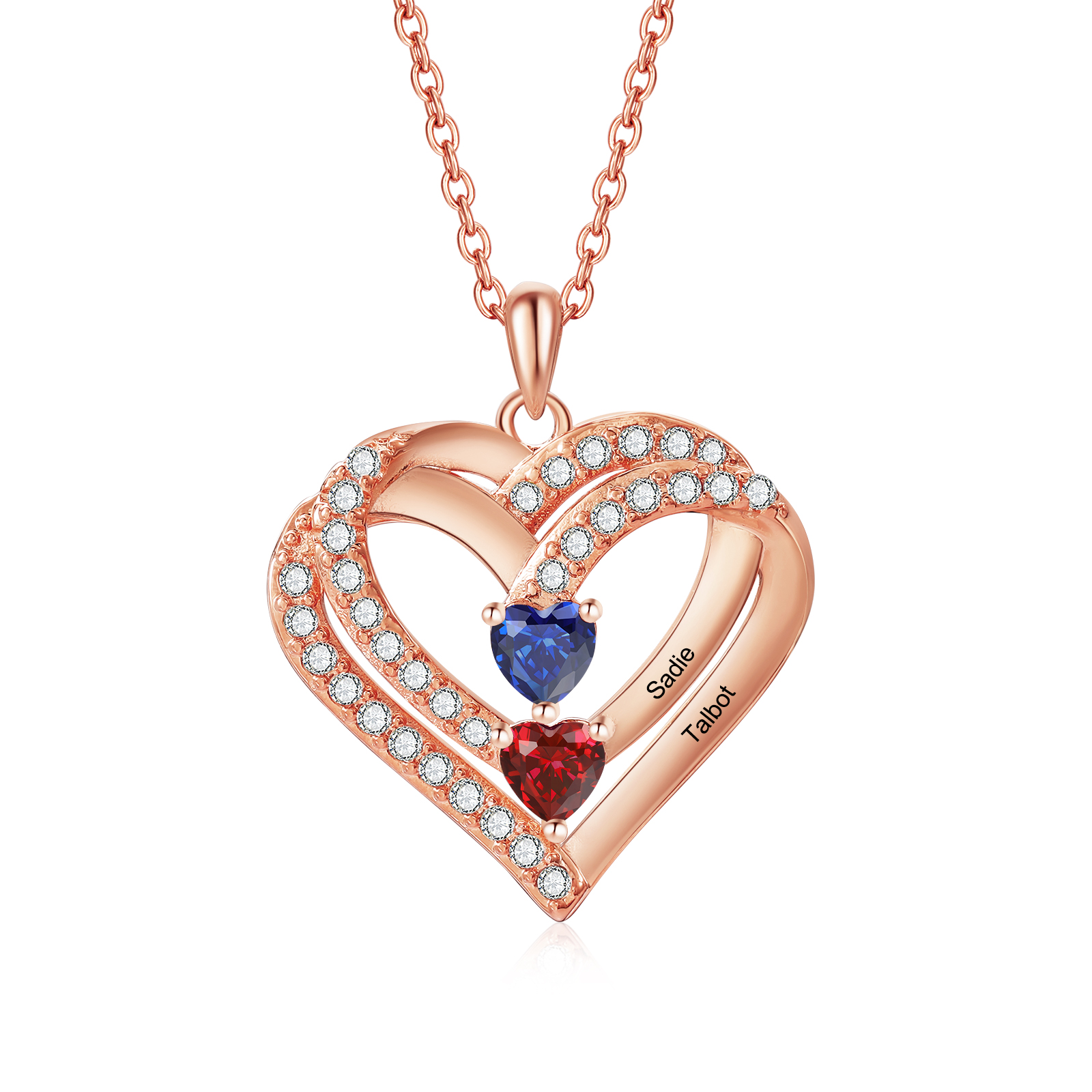 Collier Coeur Personnalisés 2 Prénoms et 2 Pierres de Naissance Cuivre/Argent 925 Collier Personnalisable pour Femme｜Jessemade