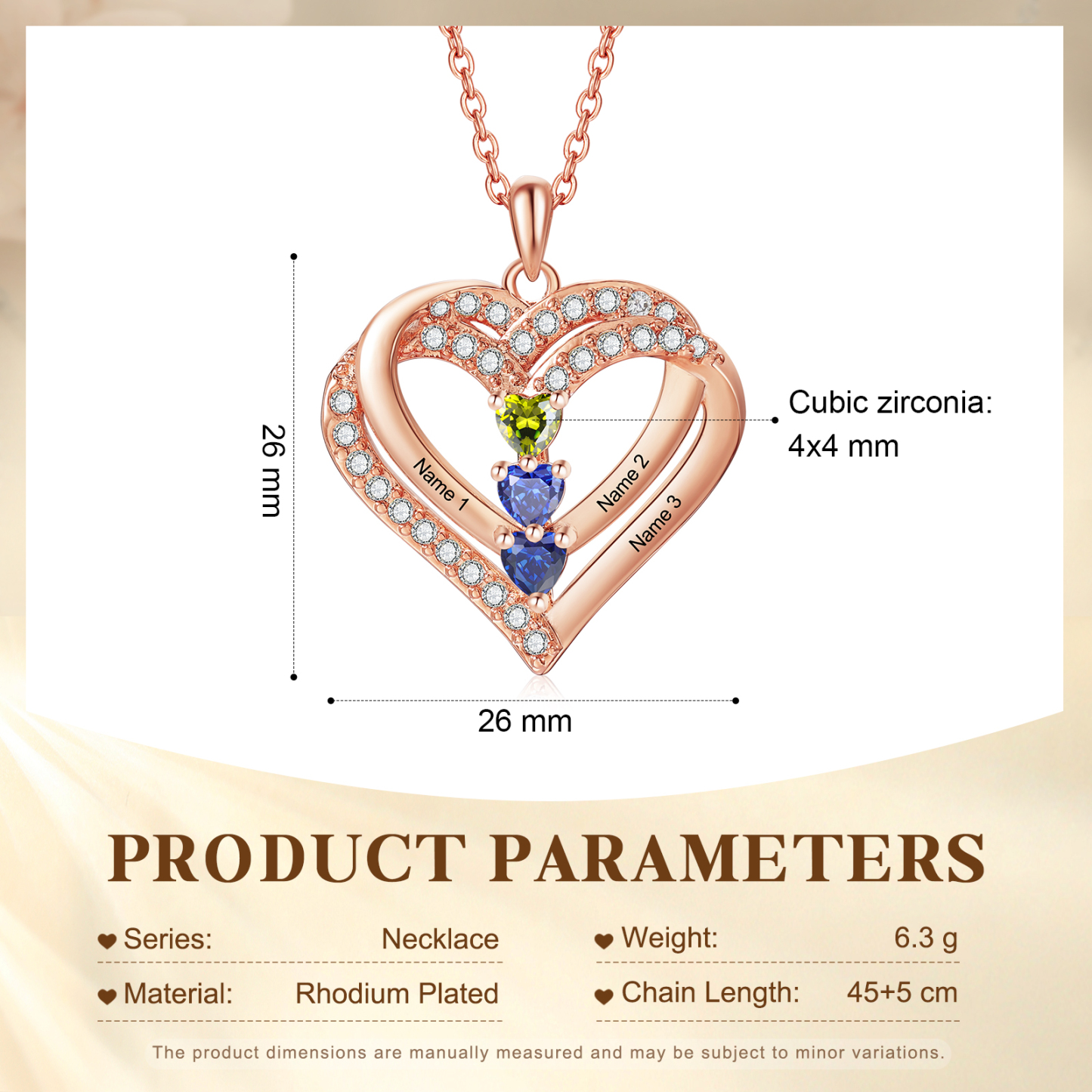 Collier Coeur Personnalisés 3 Prénoms et 3 Pierres de Naissance Cuivre/Argent 925 Collier Personnalisable pour Femme｜Jessemade