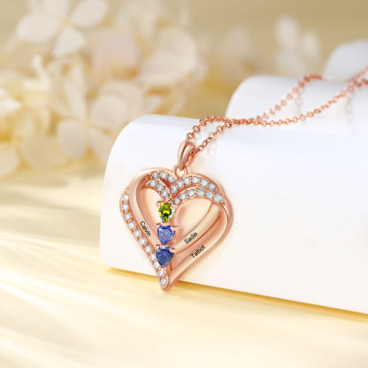 Collier Coeur Personnalisés 3 Prénoms et 3 Pierres de Naissance Cuivre/Argent 925 Collier Personnalisable pour Femme｜Jessemade
